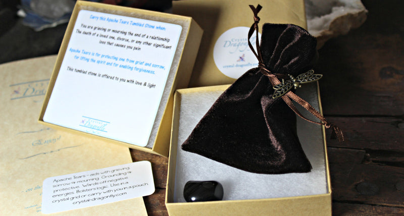 Dragonfly Gem Pouch -Apache Tears-Gift for Overcoming Loss, Grief Divorce, Sorrow; FB1233