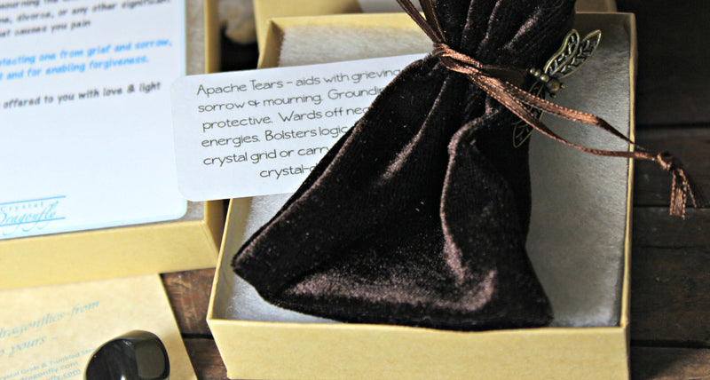 Dragonfly Gem Pouch -Apache Tears-Gift for Overcoming Loss, Grief Divorce, Sorrow; FB1233