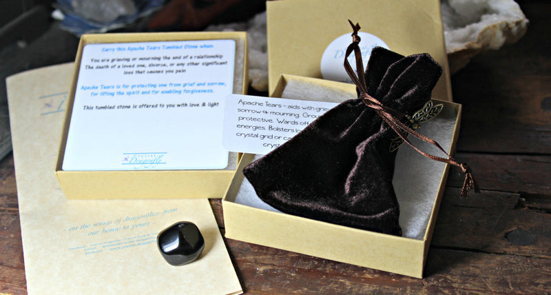 Dragonfly Gem Pouch -Apache Tears-Gift for Overcoming Loss, Grief Divorce, Sorrow; FB1233