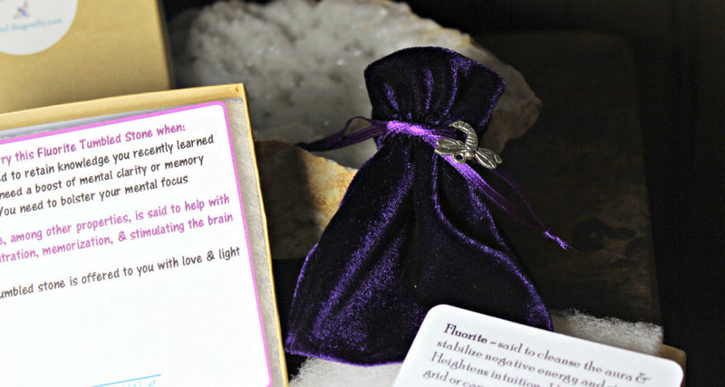 Dragonfly Gem Pouch -Fluorite-Gift for Focus, Memory, Clarity, Concentration