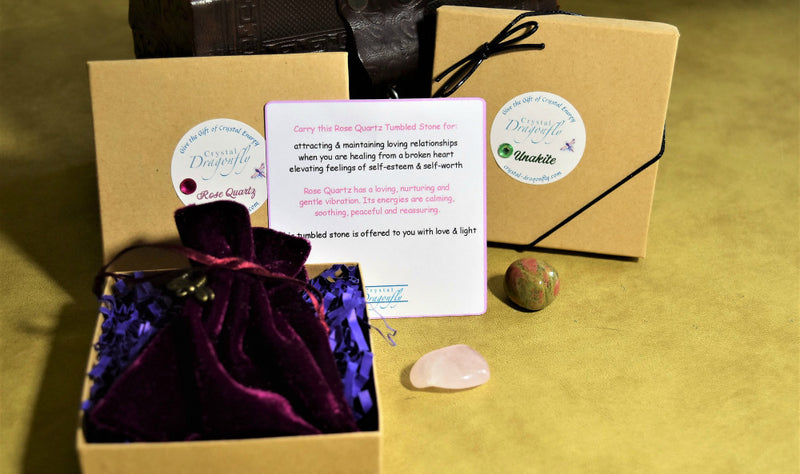 Dragonfly Gem Pouch Boxed Set - Rose Quartz for Relationships, Heart, Nurturing energy; FB1231