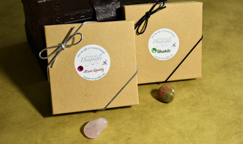 Dragonfly Gem Pouch Boxed Set - Rose Quartz for Relationships, Heart, Nurturing energy; FB1231