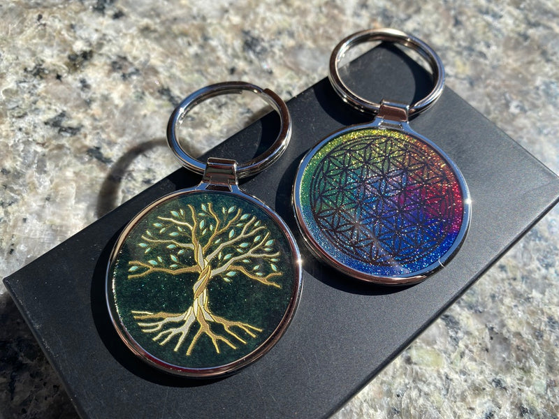 Tree of Life - Green or Gold, or Flower of Life Chakra Colors Key Ring, Gift Boxed FB3227