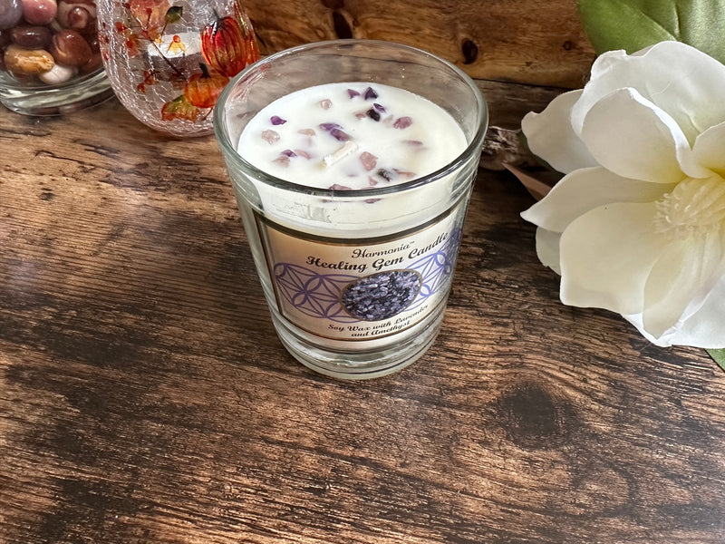 Hand-Poured Soy Candle in Glass Jar with Gemstones, or Gemstone Sand, and Essential Oil, FB2542