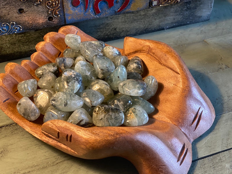 Tumbled Prehnite with Epidote & Black Tourmaline