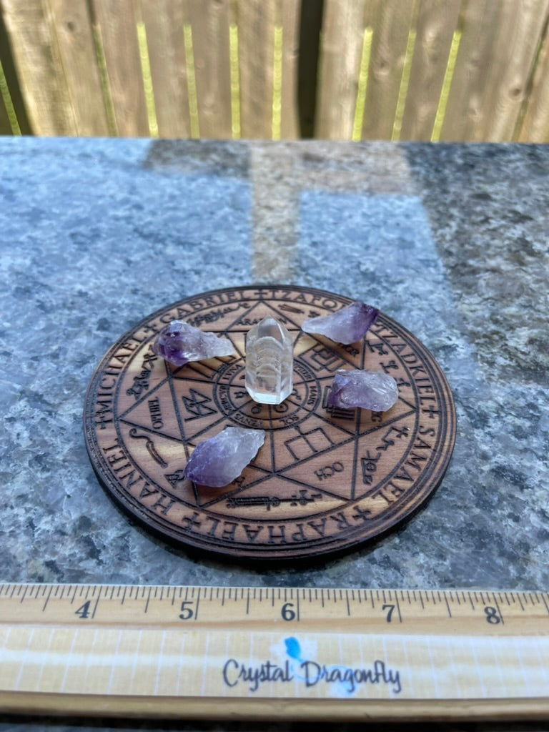 Wood Round Etched Crystal Grid Boards / Bases, Stained, Finely Detailed; FB1803