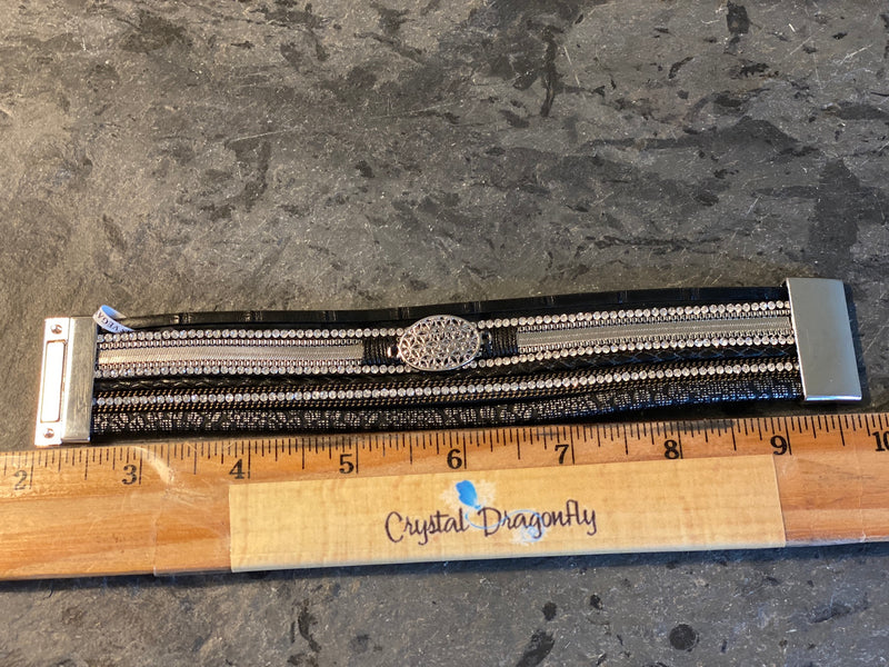 Black Leather Multi-Strand Bracelet. Flower of Life charm, with Magnetic Clasp FB1910 🥮