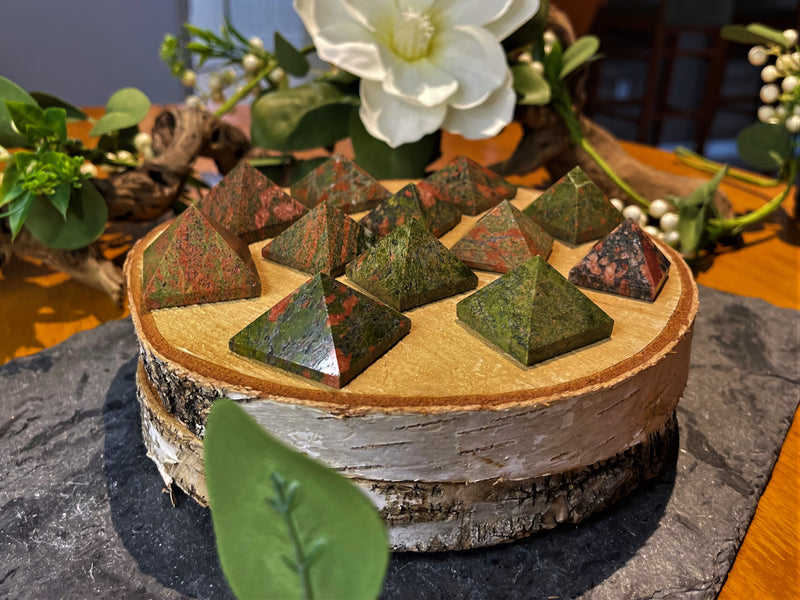 Pyramids carved from jasper, sodalite, obsidian and unakite FB1871