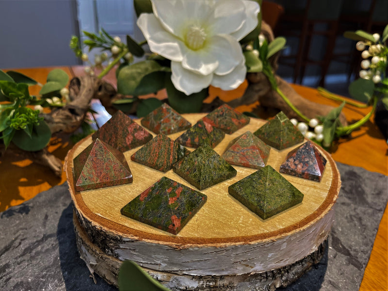 Pyramids carved from jasper, sodalite, obsidian and unakite FB1871