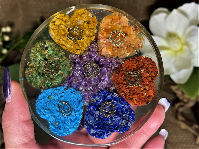 Orgone / Organite  Round Plate / Display Piece /  Base, Chakra stones; FB2473