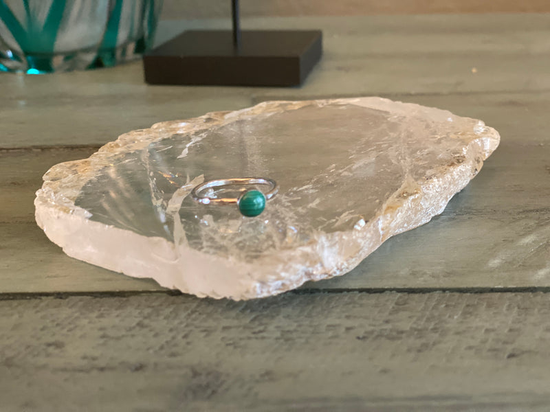 Malachite Cabochon Hammered Ring, Hand Set in Sterling Silver, Size 7, Gift Box FB3146