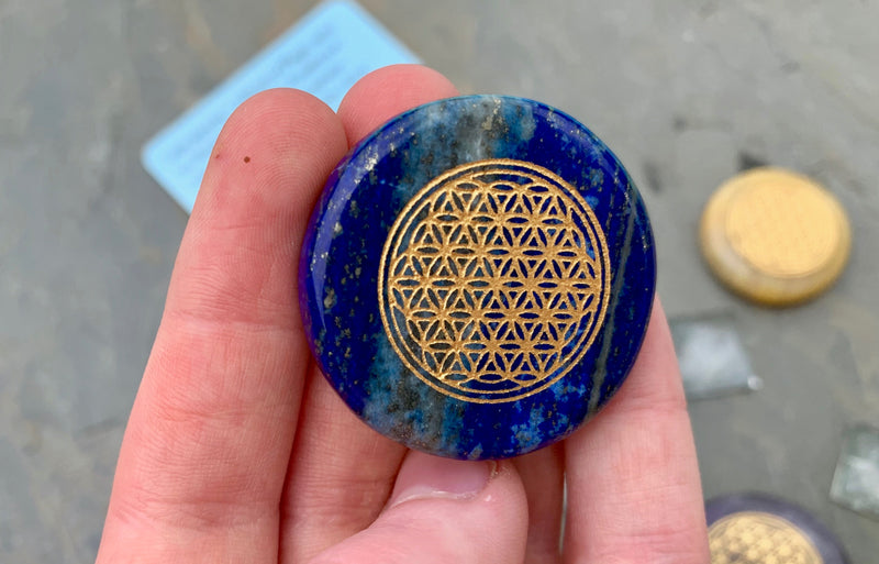 Flower of Life etched Spirit Stones with Mini Clear Quartz Pyramid;FB2099