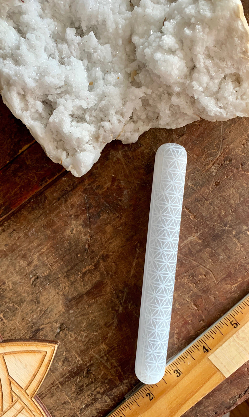 Selenite Rounded without etching or Terminated Point Wands with Flower of Life etching; FB1496
