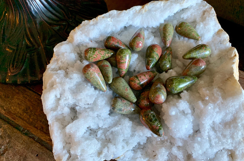 Unakite Conical Pear Shaped Carving for Calm, Balance, Intuition, Past Life Recall & Relaxation; FB2329