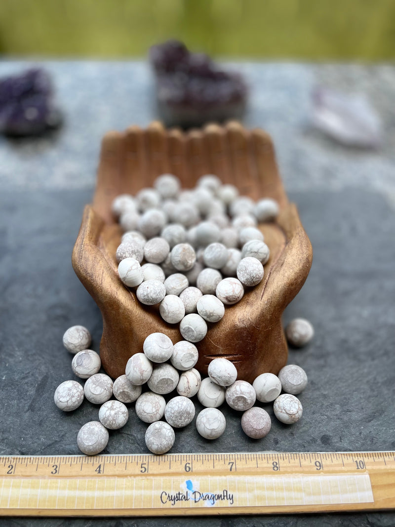 Tumbled White Howlite, Matte Flattened Spherical, a Stone of Awareness for tact, calming, & healing