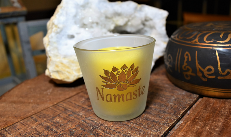 Etched Frosted Glass Votive Candle Holders - Lotus with Om or Namaste in Gold