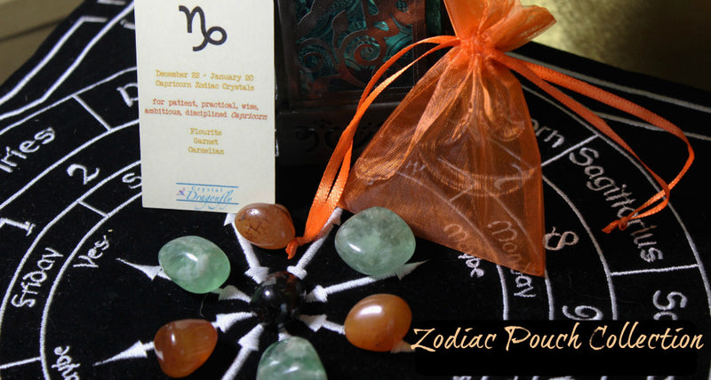 Zodiac Crystal Astrology Grids - all 12 Zodiac Signs, Tumbled stones, pouch & card