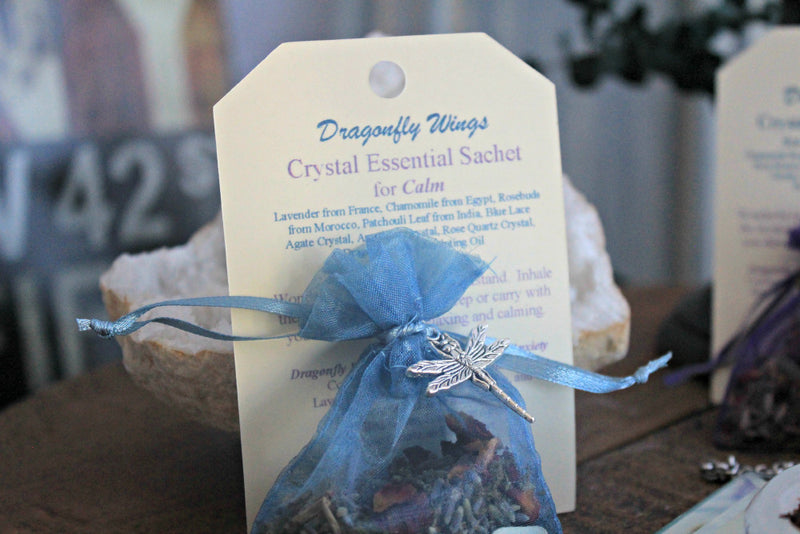 Dragonfly Wings - Crystal Essential Sachets - Calm , Tranquil Dreams, Focus, Energize, Protection, Business Prosperity