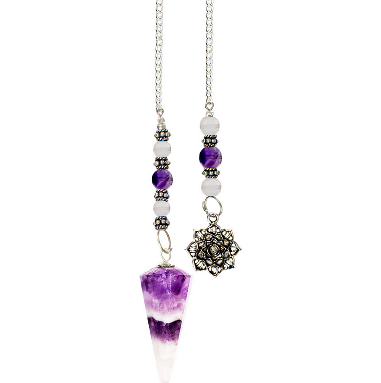 Amethyst Chevron Pendulum, Beaded with Lotus Charm FB3244