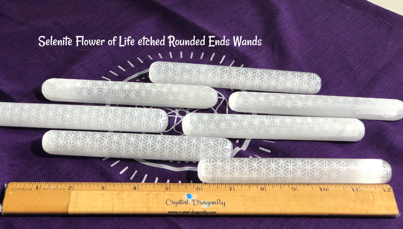 Selenite Rounded without etching or Terminated Point Wands with Flower of Life etching; FB1496