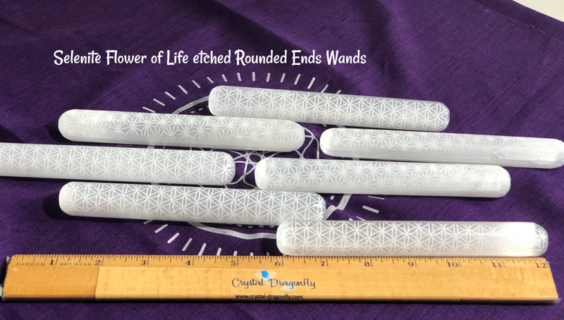 Selenite Rounded or Terminated Point Wands with Flower of Life etching; FB1496