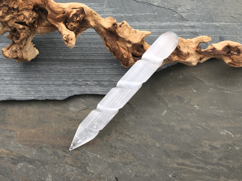 Selenite Twist Wand with Terminated Point, ethereal and purifying; FB1921