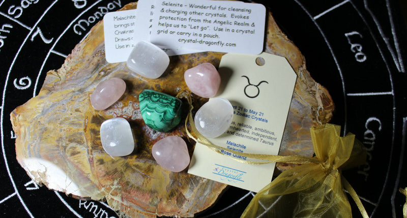 Zodiac "Taurus" Crystal Astrology Grid - Malachite, Rose Quartz & Selenite