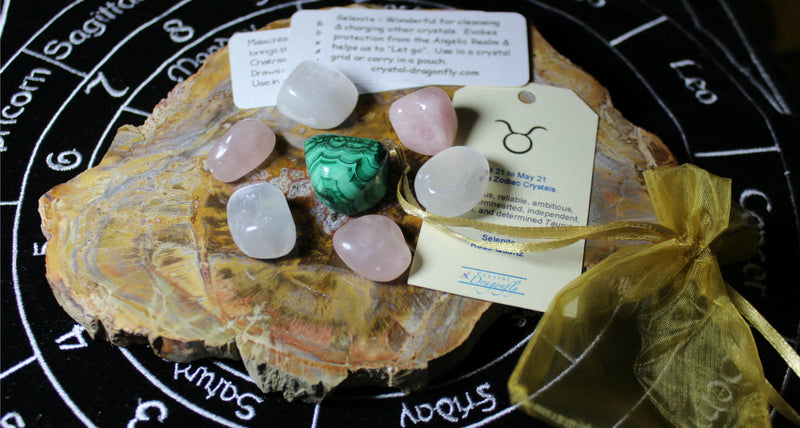 Zodiac "Taurus" Crystal Astrology Grid - Malachite, Rose Quartz & Selenite