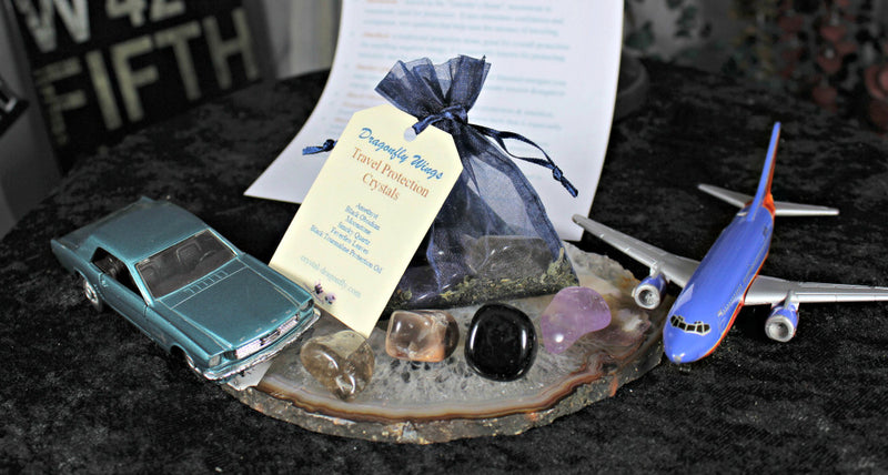 Travel Protection Pouch, Crystals & Black Tourmaline Oil infused Feverfew