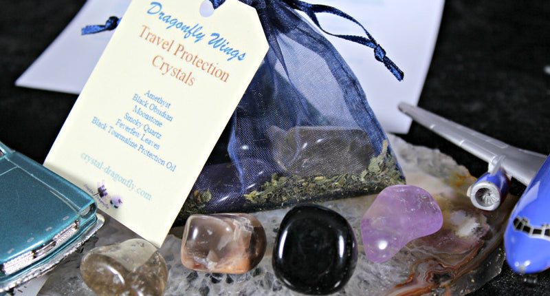 Travel Protection Pouch, Crystals & Black Tourmaline Oil infused Feverfew