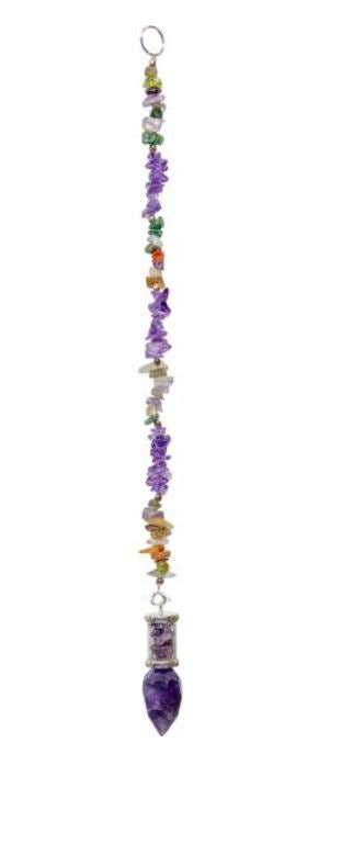 Faceted Amethyst or Clear Quartz Pendulum, Glass Tube w/ Gemstone Chips, FB2605