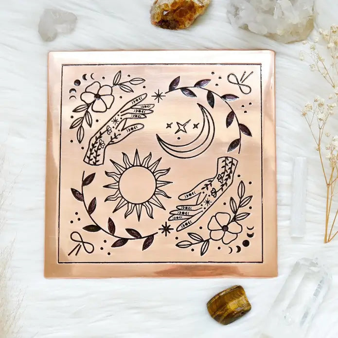 Copper Crystal Charging Plate / Grid Base with Sun, Moon, Nature Design FB3269