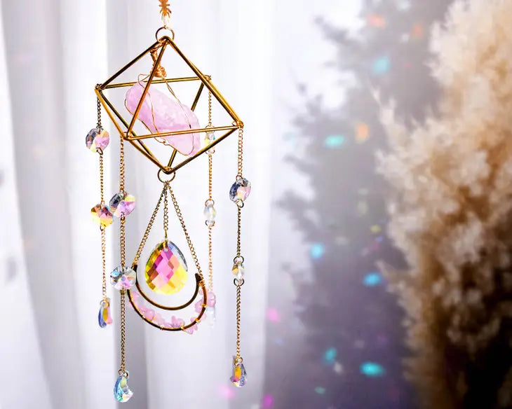 Crystal Sun Catcher - Rose Quartz or Citrine with Iridescent crystals FB3272 🦚