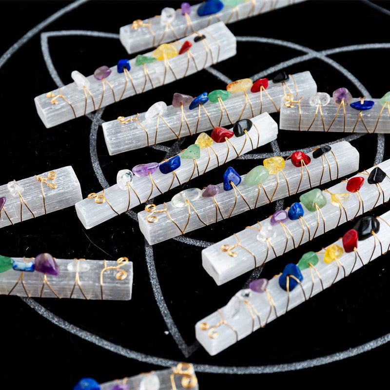 Selenite Polished Stick with Chakra Chip Gemstones Wire Wrap FB1183 🪷