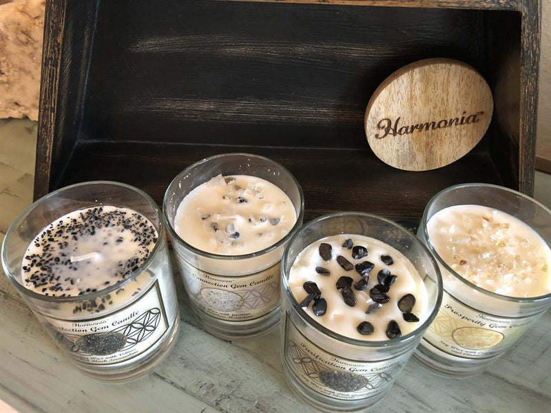 Hand-Poured Soy Candle in Glass Jar with Gemstones, or Gemstone Sand, and Essential Oil, FB2542