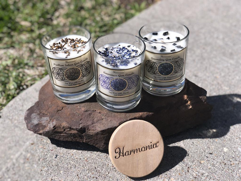 Hand-Poured Soy Candle in Glass Jar with Gemstones, or Gemstone Sand, and Essential Oil, FB2542