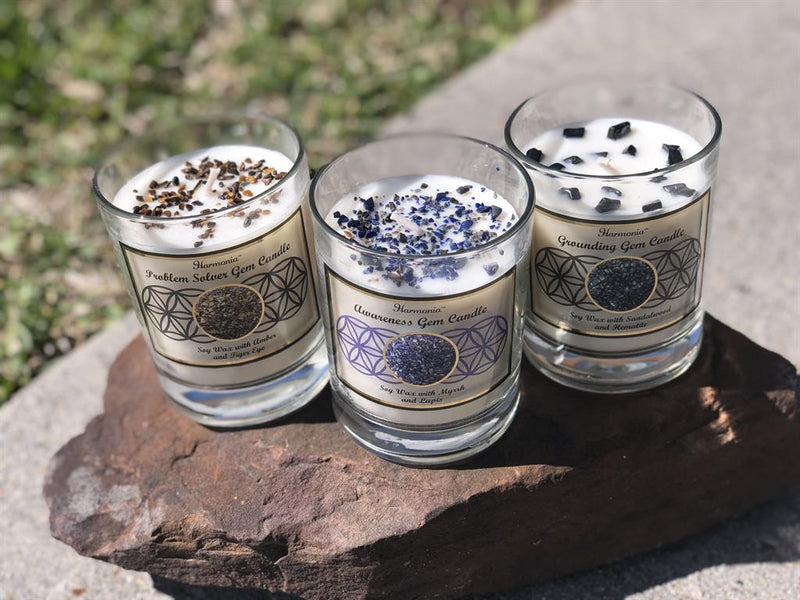 Hand-Poured Soy Candle in Glass Jar with Gemstones, or Gemstone Sand, and Essential Oil, FB2542