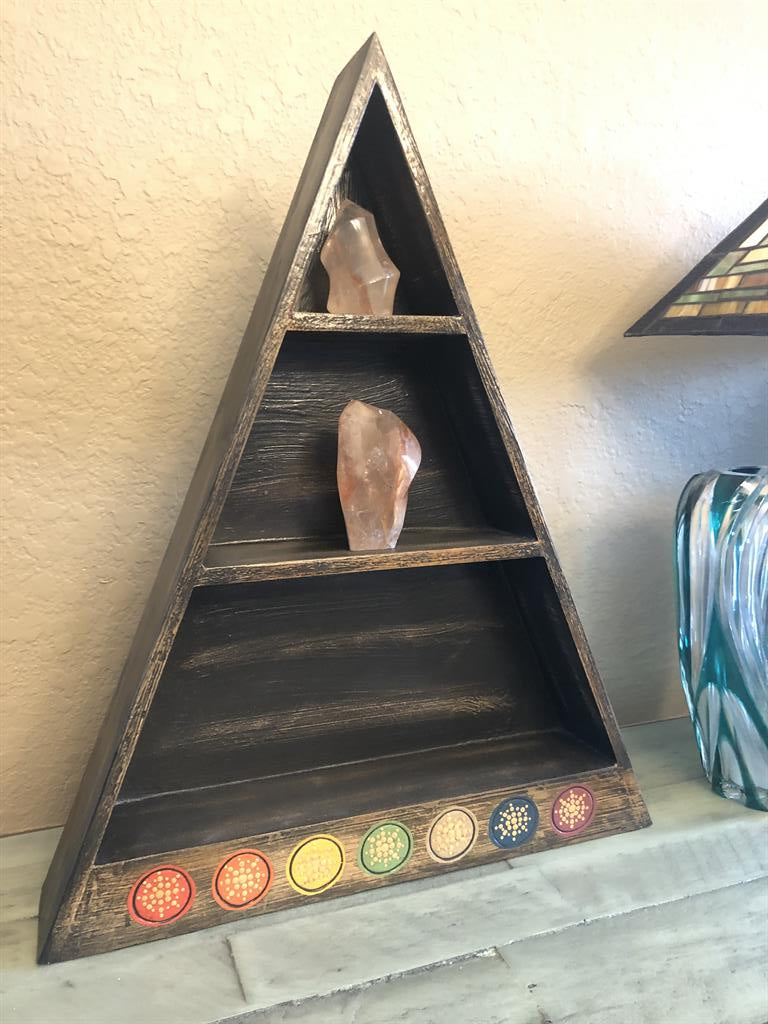 Wood Triangle Altar / Display Shelf, Chakra or Moon Phases from Bali; FB2544
