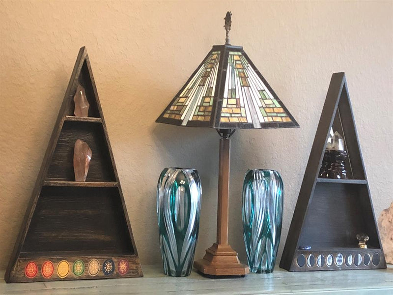 Wood Triangle Altar / Display Shelf, Chakra or Moon Phases from Bali; FB2544