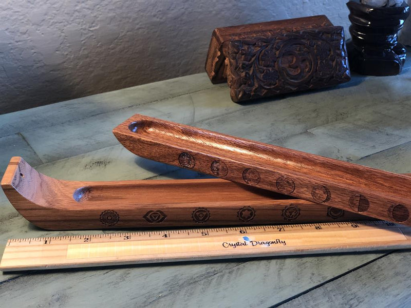 Handcrafted Wood Wide Incense Stick Holder (gemstone chips, incense sample), Display Piece; FB2590