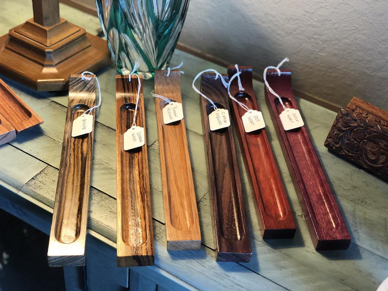 Handcrafted Wood Wide Incense Stick Holder (gemstone chips, incense sample), Display Piece; FB2590