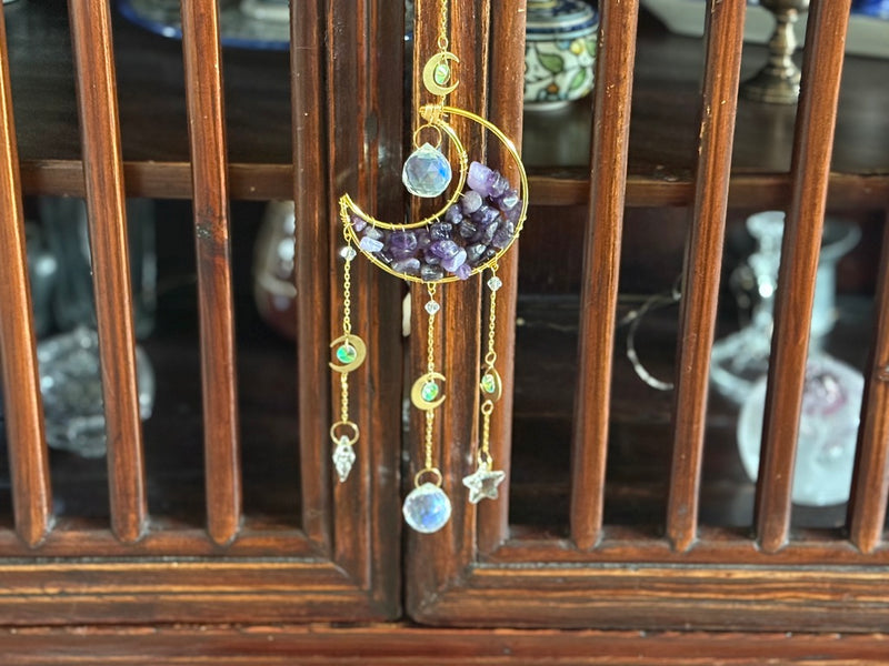 Celestial Moon and Stars Sun Catcher, Rose Quartz or Amethyst FB2265 ✨