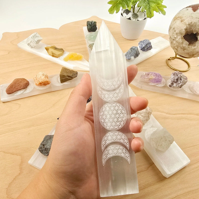 Selenite Charging Plate with Flower of Life Moon Phase Etching FB1985 💎