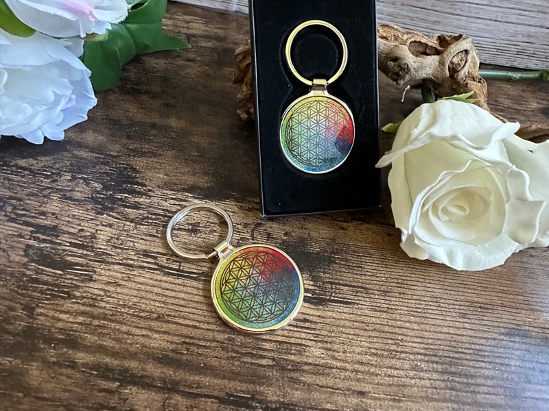 Tree of Life - Green or Gold, or Flower of Life Chakra Colors Key Ring, Gift Boxed FB3227