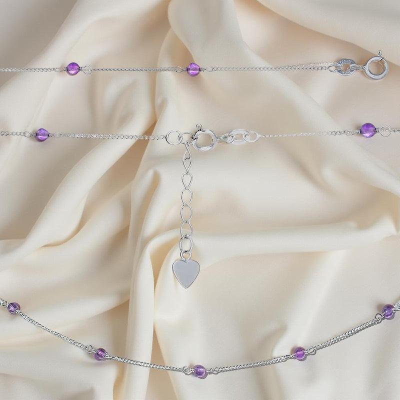 Sterling Silver Ankle Bracelet with Amethyst Beads, Heart Charm FB1963 🔮