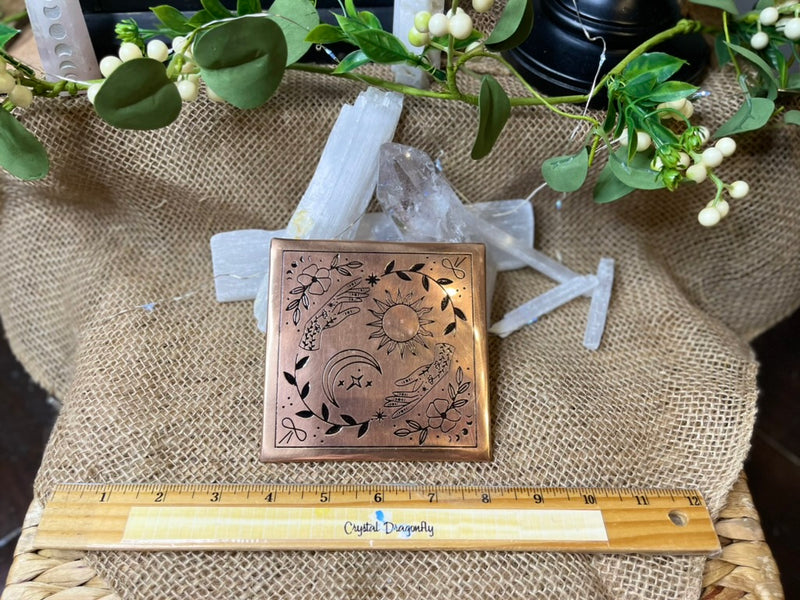 Copper Crystal Charging Plate / Grid Base with Sun, Moon, Nature Design FB3269