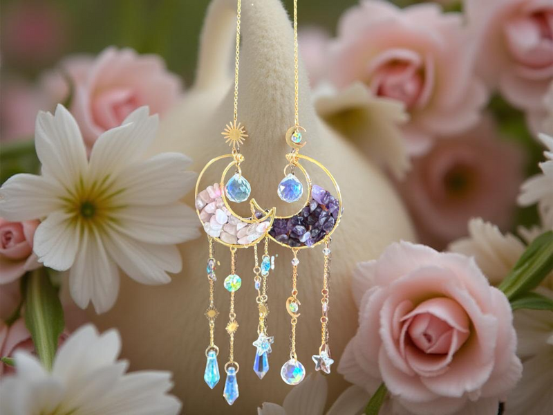 Celestial Moon and Stars Sun Catcher, Rose Quartz or Amethyst FB2265 ✨
