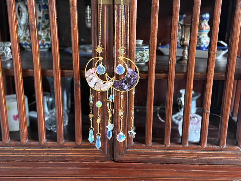 Celestial Moon and Stars Sun Catcher, Rose Quartz or Amethyst FB2265 ✨