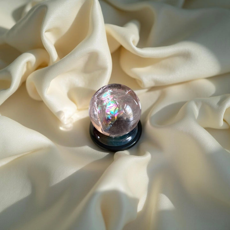 Rainbow Smoky Quartz Sphere with Moss Agate Ring Stand for Grounding, Protection FB3008 💜