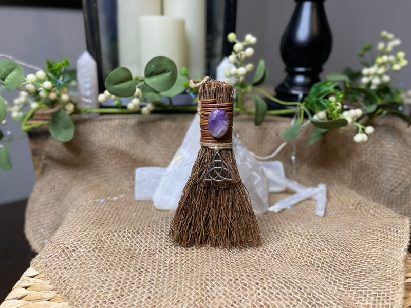 Triquetra Besom Witch Broom with charm, and Amethyst or Rose Quartz FB3258